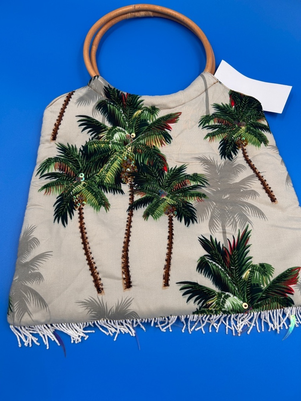 Wharf Rat Palm Tree Beaded Tropical Handbag Bamboo Handles Fringe Purse NWT